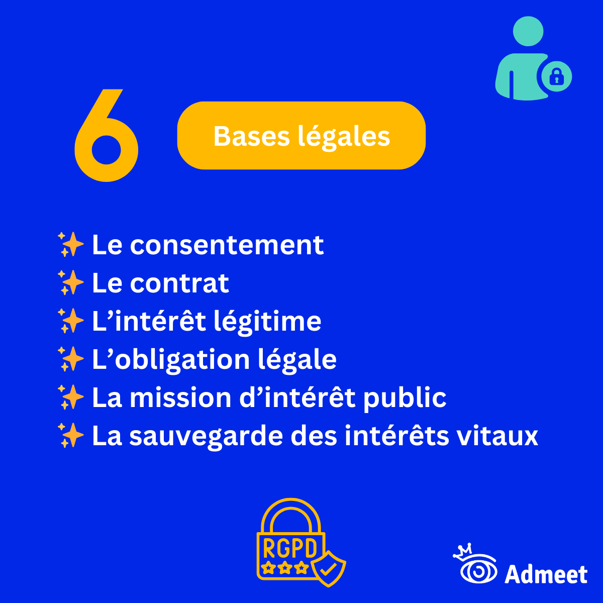 Les 6 bases légales du RGPD : le consentement, le contrat, l'intérêt légitime, l'obligation légale, la mission d'intérêt public et la sauvegarde des intérêts vitaux